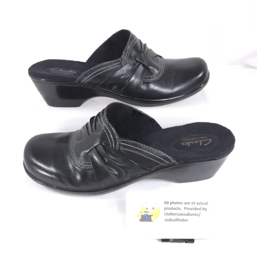 Clarks Bendables Leather Casual Mule Clog Flat Shoe Womens Size 9 62899 Black